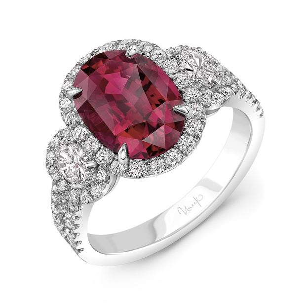 Uneek Precious Collection 3-Stone-Halo Oval Shaped Ruby Engagement Ring