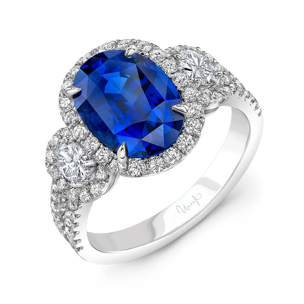 Uneek Precious Collection 3-Stone-Halo Oval Shaped Blue Sapphire Fashion Ring