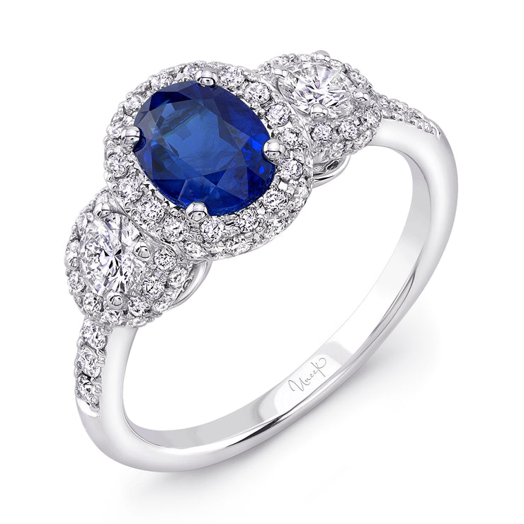 Uneek Oval Sapphire-Centered Three-Stone Engagement Ring with Round Diamond Sidestones