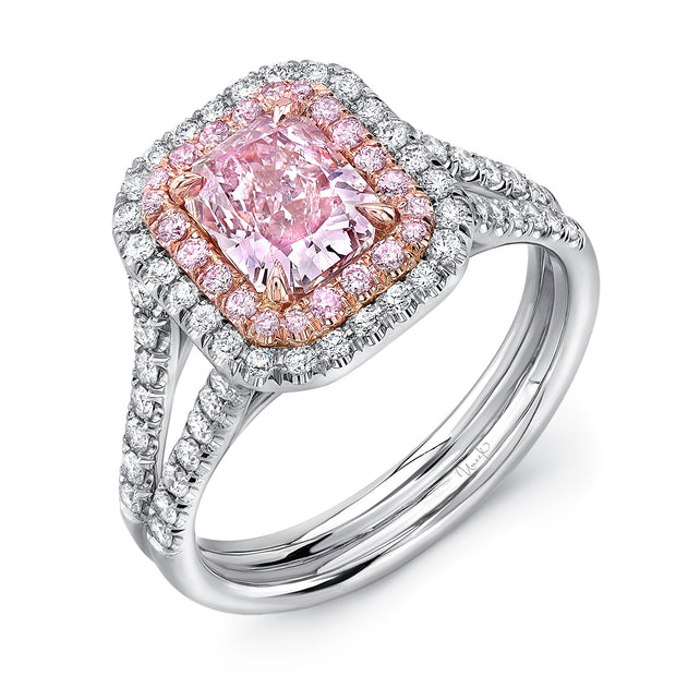 Uneek Natureal Collection Double-Halo Emerald Cut Light Pink Diamond Engagement Ring