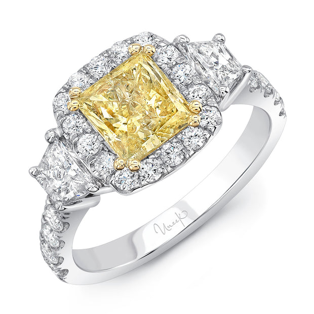 Uneek Contemporary Princess-Cut Yellow Diamond Center Three-Stone Engagement Ring