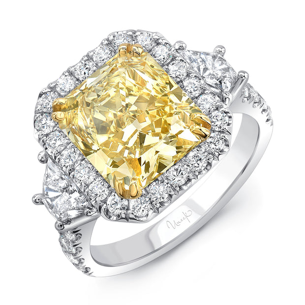 Uneek Contemporary Radiant-Cut Yellow Diamond-Center Three-Stone Engagement Ring