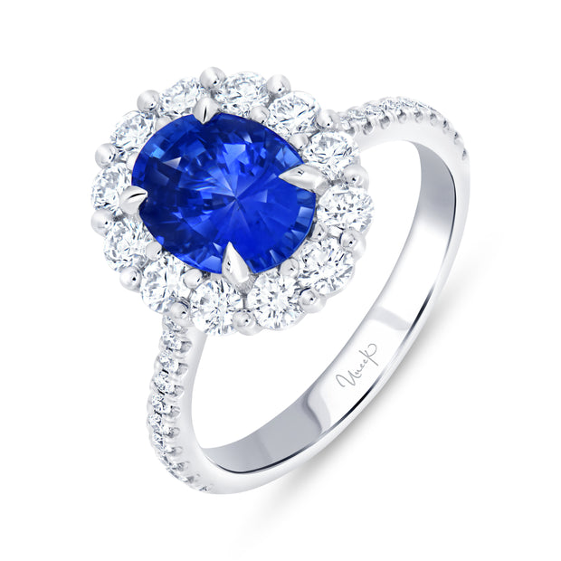 Uneek Precious Collection Halo Oval Shaped Blue Sapphire Engagement Ring