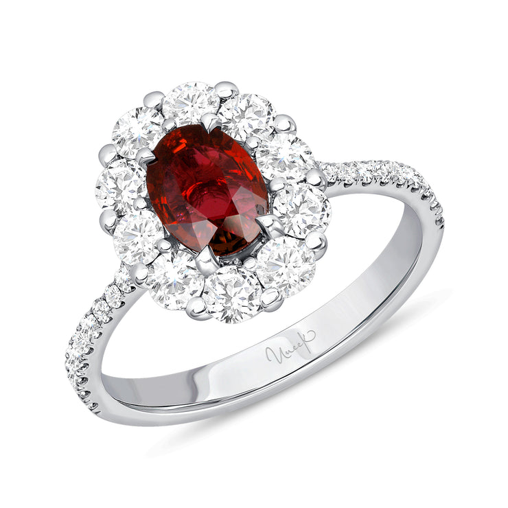 Uneek Precious Collection Halo Oval Shaped Ruby Engagement Ring