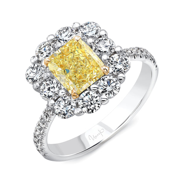 Uneek Radiant-Cut Yellow Diamond Engagement Ring with Floral-Inspired Shared-Prong Halo