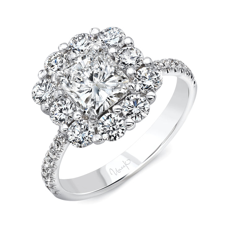 Uneek Radiant-Cut Diamond Engagement Ring with Floral-Inspired Shared-Prong Halo