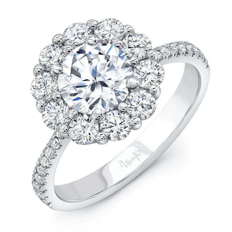 Uneek Round Diamond Engagement Ring with Floral-Inspired Shared-Prong Diamond Halo