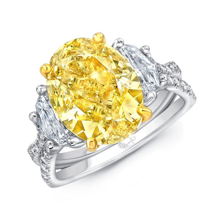 Uneek Natureal Collection Three-Stone Oval Shaped Yellow Diamond Engagement Ring