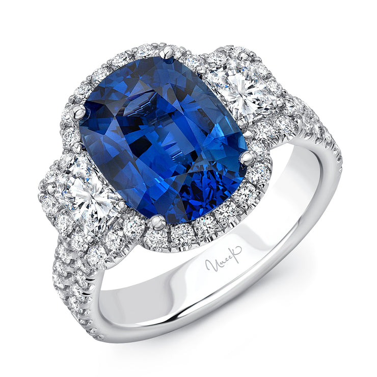 Uneek Precious Collection 3-Stone-Halo Cushion Cut Blue Sapphire Engagement Ring