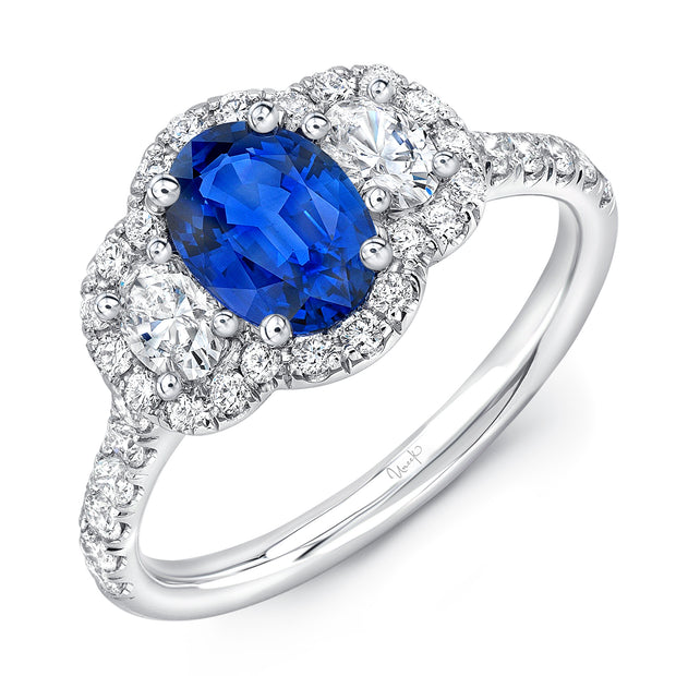 Uneek Oval Sapphire-Center Three-Stone Ring with Oval Diamond Sides