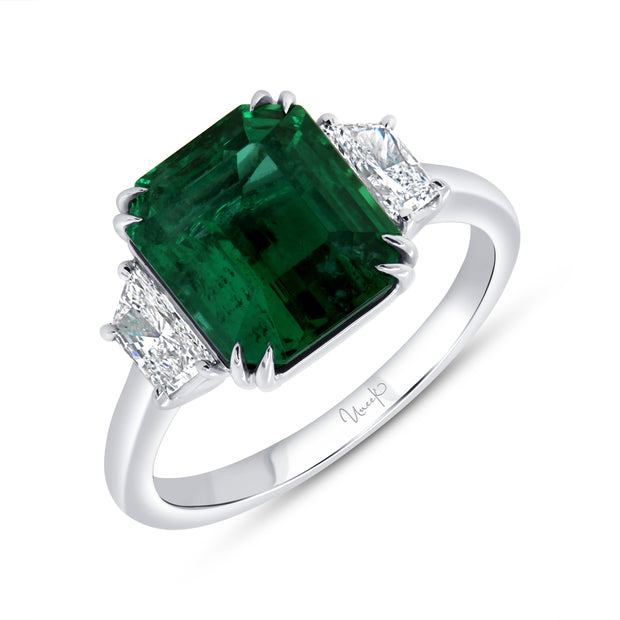 Uneek Collection Three-Stone Emerald Cut Emerald Engagement Ring