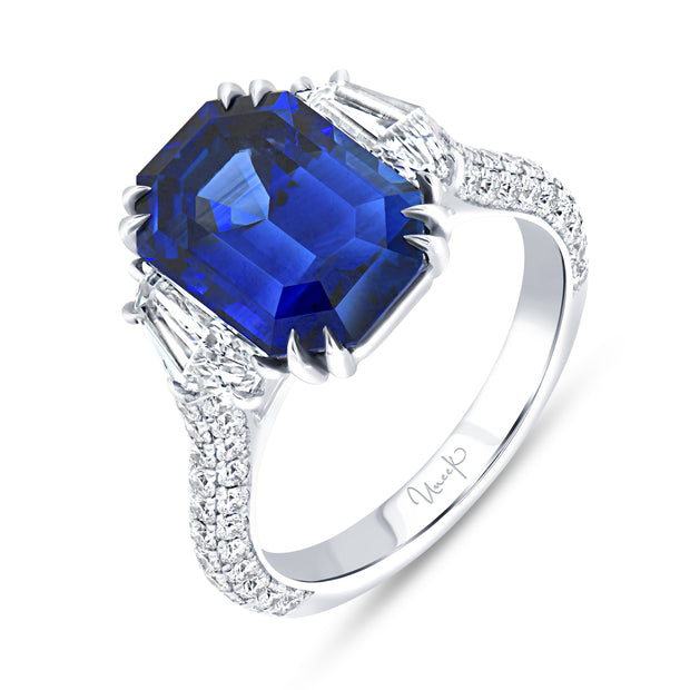 Uneek Precious Collection Three-Stone Emerald Cut Blue Sapphire Engagement Ring