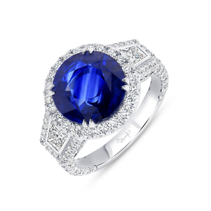 Uneek Precious Collection 3-Stone-Halo Round Blue Sapphire Fashion Ring