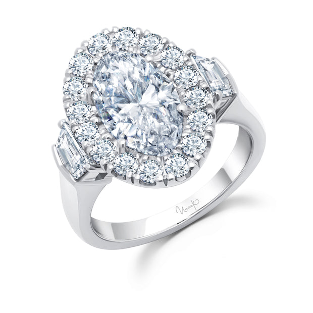 Uneek Signature Collection 3-Stone-Halo Oval Shaped Diamond Engagement Ring