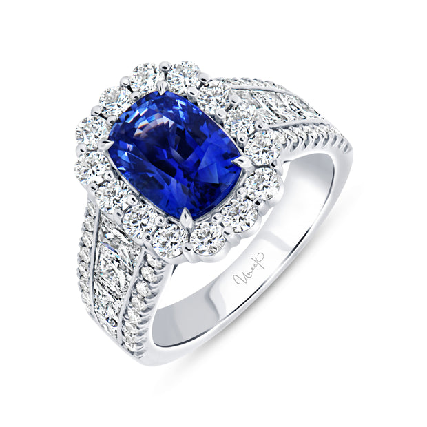 Uneek Precious Collection Halo Cushion Cut Blue Sapphire Engagement Ring