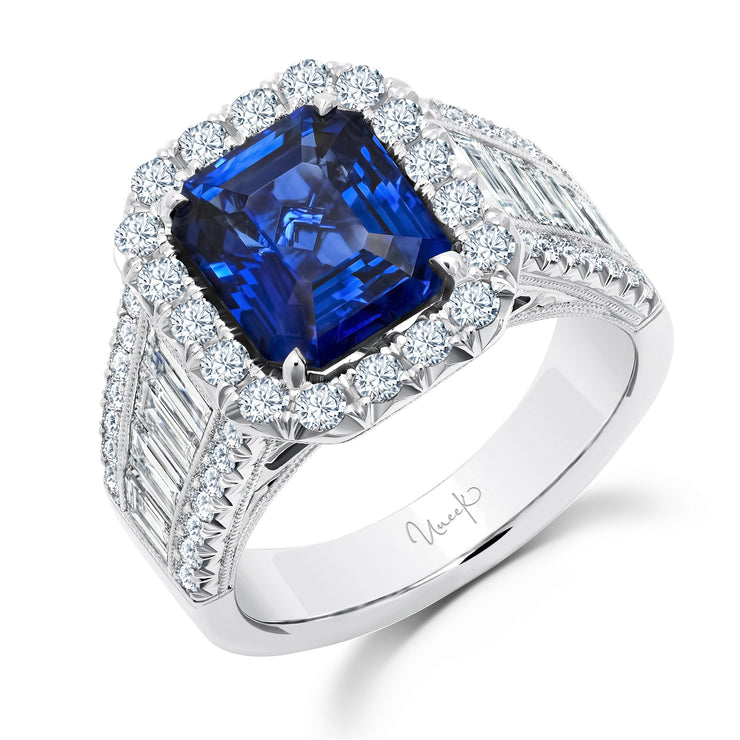 Uneek Precious Collection Halo Cushion Cut Blue Sapphire Engagement Ring