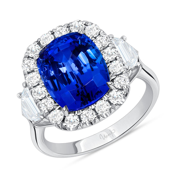 Uneek Precious Collection 3-Stone-Halo Cushion Cut Tanzanite Engagement Ring