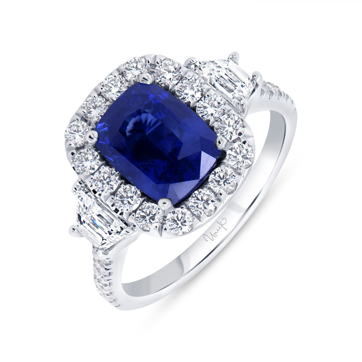 Uneek Precious Collection 3-Stone-Halo Cushion Cut Blue Sapphire Engagement Ring