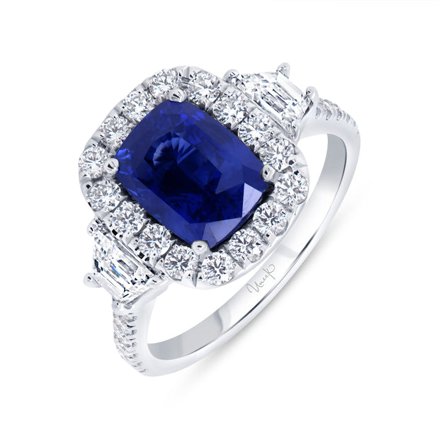 Uneek Precious Collection 3-Stone-Halo Cushion Cut Blue Sapphire Engagement Ring