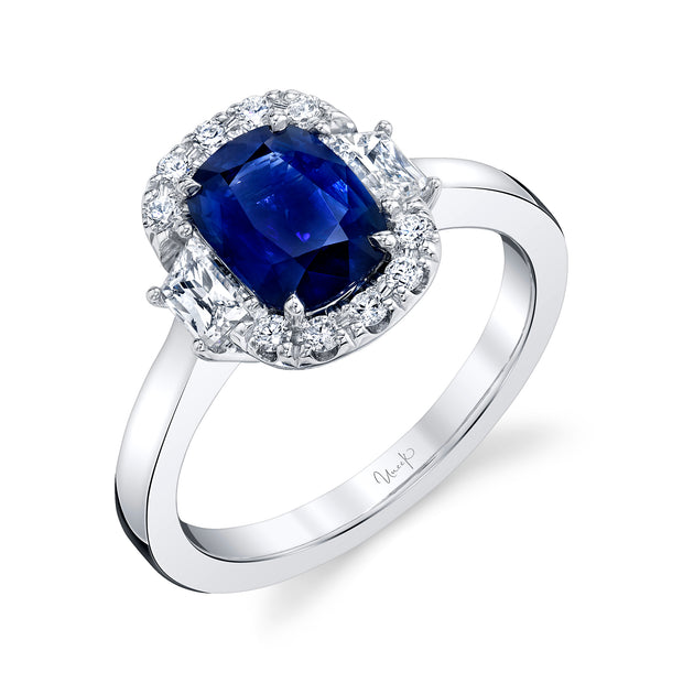 Uneek Precious Collection Halo Cushion Cut Blue Sapphire Engagement Ring