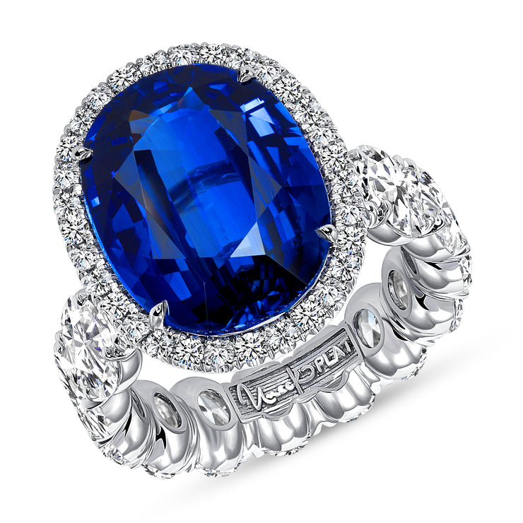 Uneek Precious Collection Halo Oval Shaped Blue Sapphire Engagement Ring