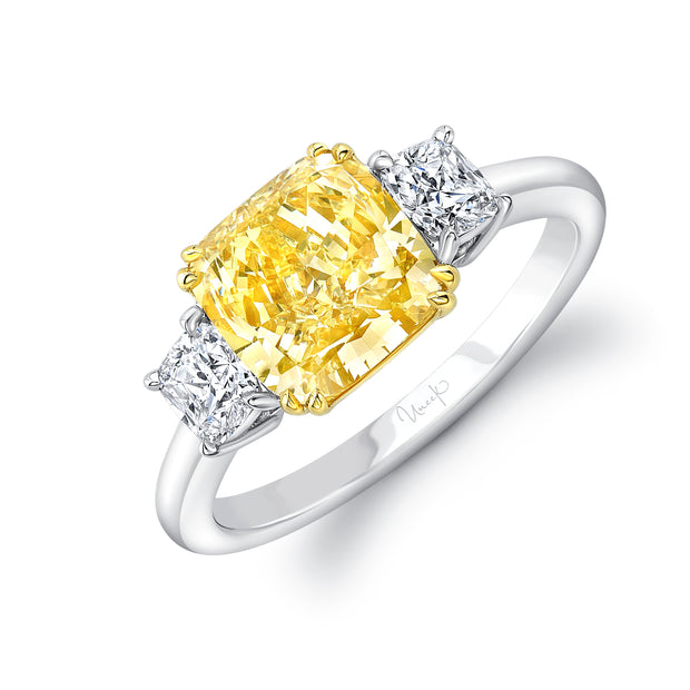 Uneek Natureal Collection Three-Stone Cushion Cut Fancy Yellow Diamond Engagement Ring