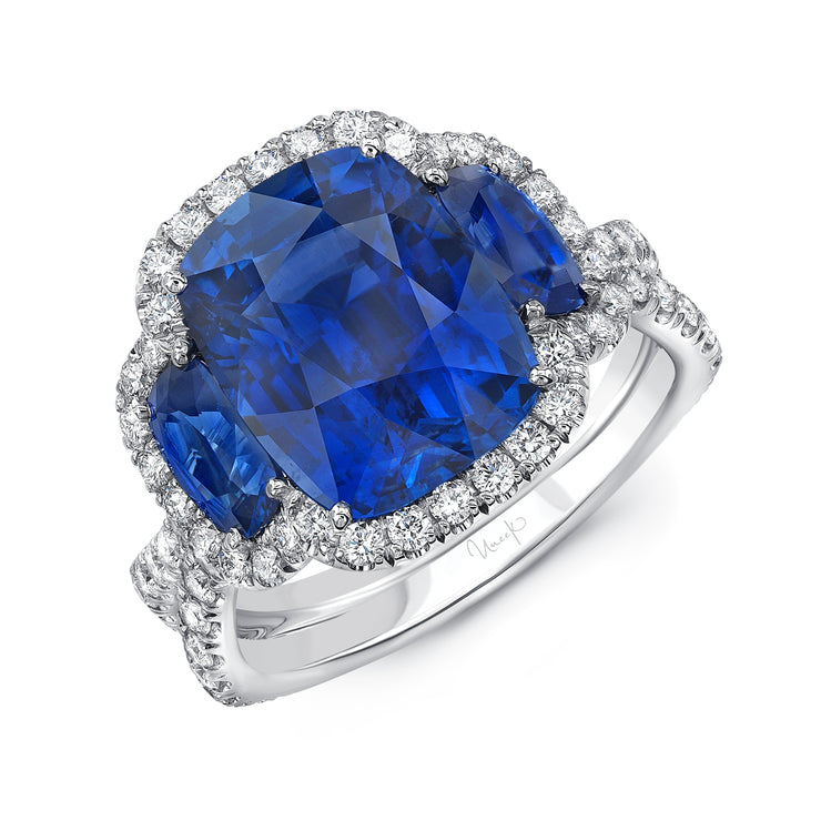 Uneek Precious Collection 3-Stone-Halo Cushion Cut Blue Sapphire Engagement Ring