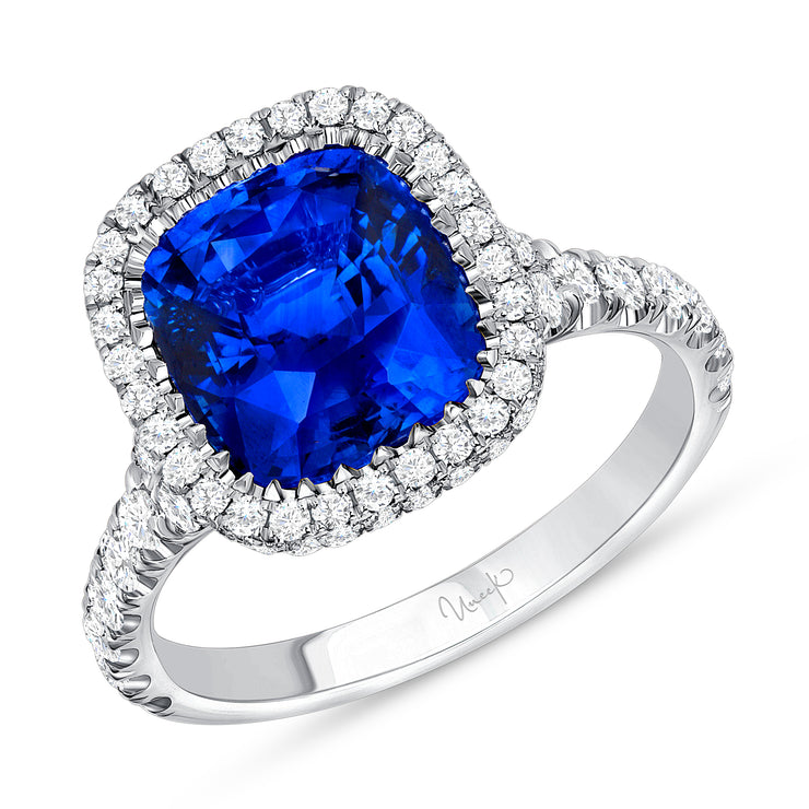 Uneek Precious Collection Halo Cushion Cut Blue Sapphire Engagement Ring