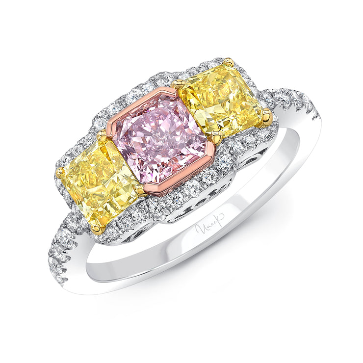 Uneek Three Stone Radiand Cut Pink Diamond Engagement Ring with Radiant Cut Fancy Yellow Diamonds and Round White Diamonds Side Stones