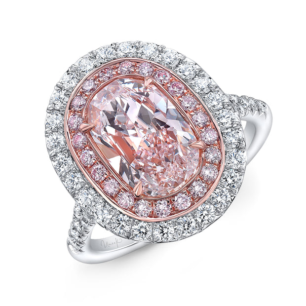 Uneek Cushion Light Pink Diamond Engagement Ring SI1 GIA Certified with Pink and White Diamond Side Stones