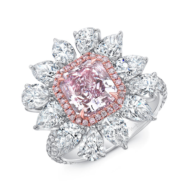 Uneek Radiant Cut Pink Purple Diamond Engagement Ring GIA Certified in a Flower Design with Pear Shaped Diamonds, Pink and White Round Diamonds Side Stones