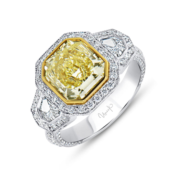 Uneek Natureal Collection 3-Stone-Halo Radiant Yellow Diamond Engagement Ring