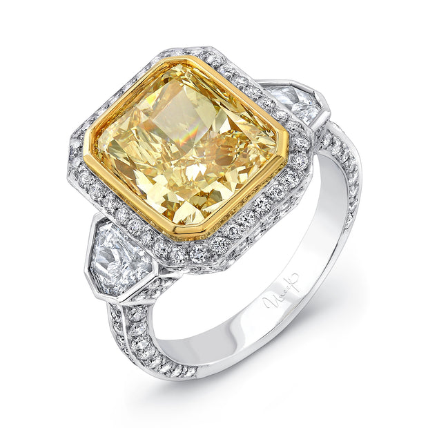 Uneek Deco-Inspired Diamonds-All-Around Fancy Yellow-Center Three-Stone Engagement Ring