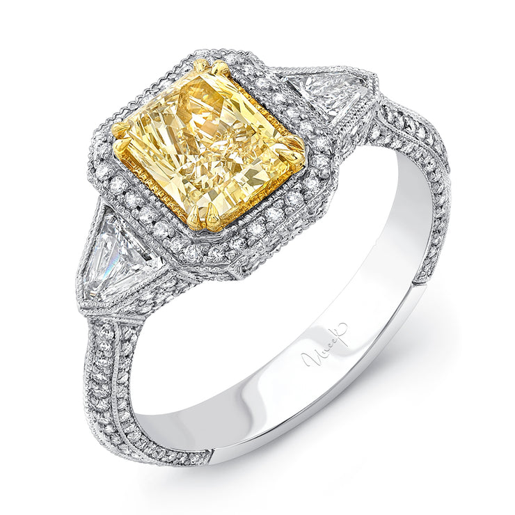 Uneek Estate-Inspired Three-Stone Ring with Radiant-Cut Fancy Yellow Diamond Center and Shield-Cut Diamond Sidestones