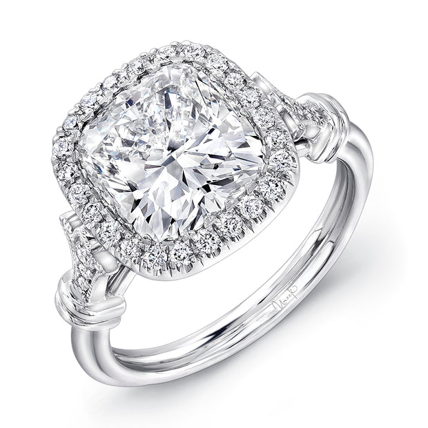 Uneek 7-Carat Cushion-Cut Diamond Halo Engagement Ring with Antique-Inspired Ornamented Gallery