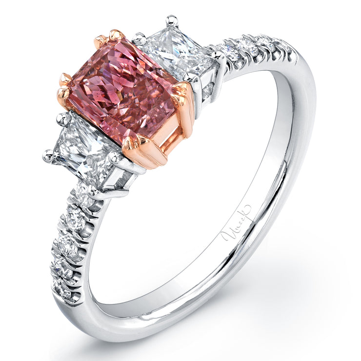 Uneek Natureal Collection Three-Stone Radiant Fancy Pink Diamond Engagement Ring