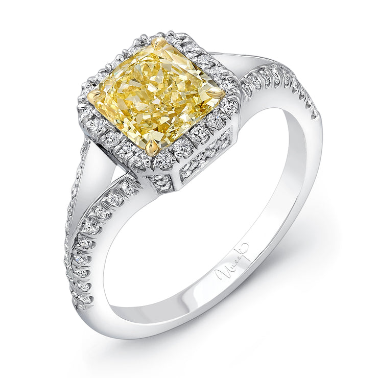 Uneek Cushion-Cut Fancy Yellow Diamond Engagement Ring with Milgrain-Trimmed Diamonds-All-Around Halo and Split Upper Shank