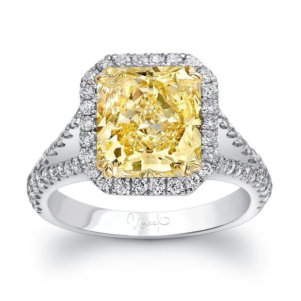 Uneek Radiant-Cut Fancy Yellow Diamond Halo Ring with Peekaboo Split Upper Shank and Filigree Detail