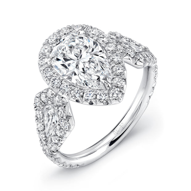 Uneek Pear-Center Three-Stone Engagement Ring with Pave Halo