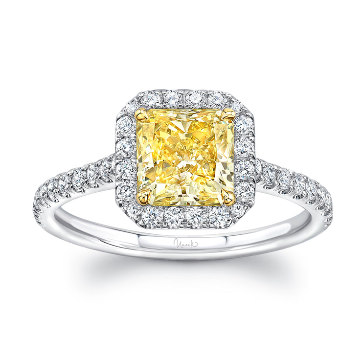 Uneek Natureal Collection Halo Radiant Fancy Yellow Diamond Engagement Ring