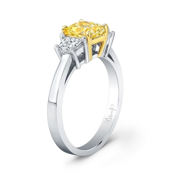 Uneek Natureal Collection Three-Stone Radiant Fancy Yellow Diamond Engagement Ring