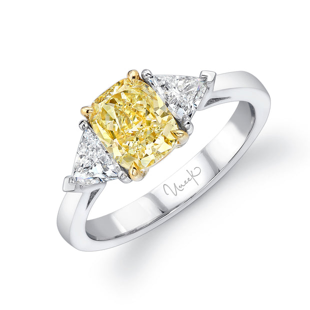 Uneek Natureal Collection Three-Stone Cushion Cut Fancy Yellow Diamond Engagement Ring