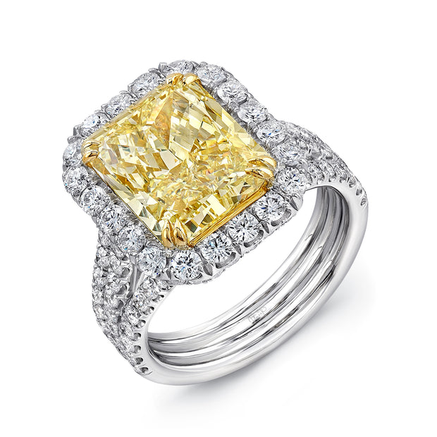 Uneek Radiant Fancy Yellow Diamond Halo Engagement Ring with Pave Triple Shank