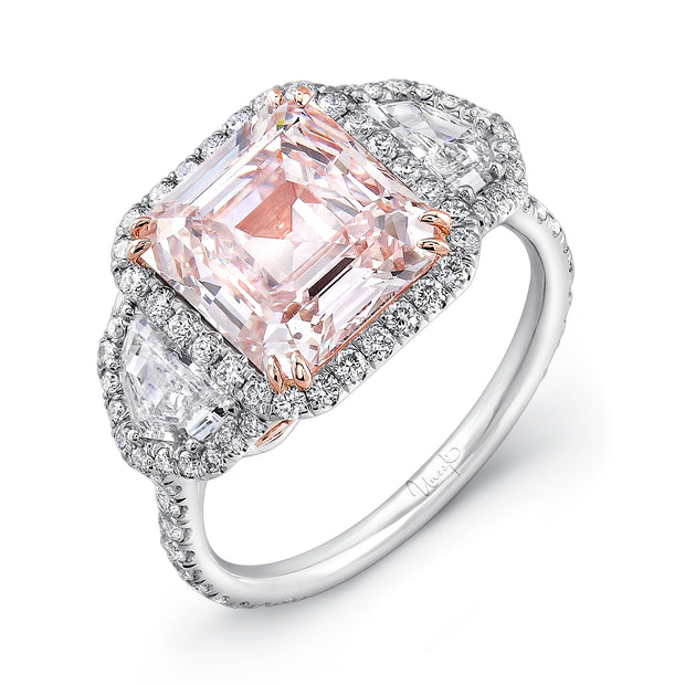 Uneek Emerald-Cut Fancy Light Pink-Center Three-Stone Engagement Ring with Filigree Accents