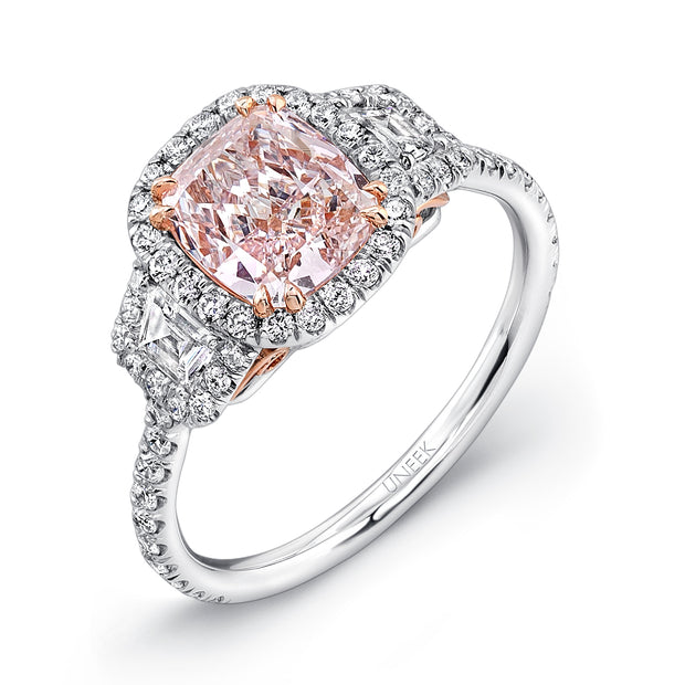 Uneek Cushion-Cut Fancy Light Pink-Center Three-Stone Engagement Ring with Filigree Accents