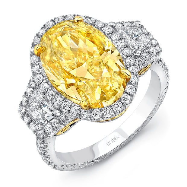 Uneek Natureal Collection 3-Stone-Halo Oval Shaped Yellow Diamond Engagement Ring