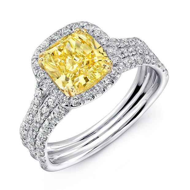 Uneek Silhouette Collection Halo Cushion Cut Yellow Diamond Engagement Ring