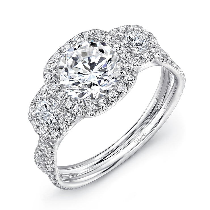 Uneek Three-Stone Round Diamond Engagement Ring with Cushion-Shaped Halos and Pave Double Shank