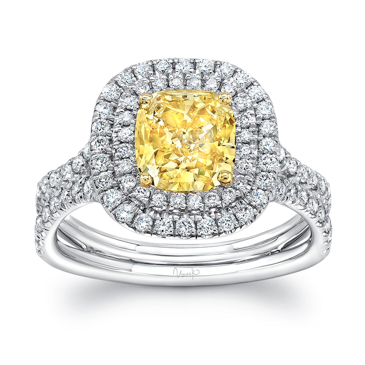 Uneek Cushion-Cut Fancy Yellow Diamond Engagement Ring with Double Halo and Silhouette Shank