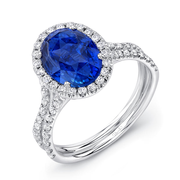 Uneek Oval Blue Sapphire Engagement Ring with Diamond Halo and Silhouette Double Shank